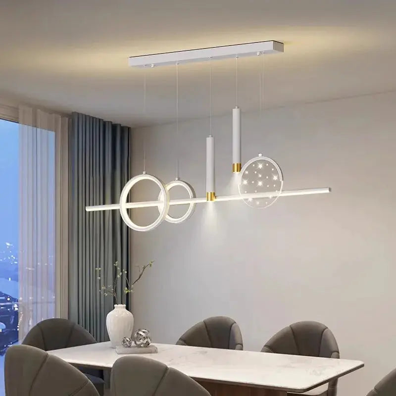 DecorBites LED pendant chandelier with circular rings and starry disk, white lighting on Tampa Home & Garden Store