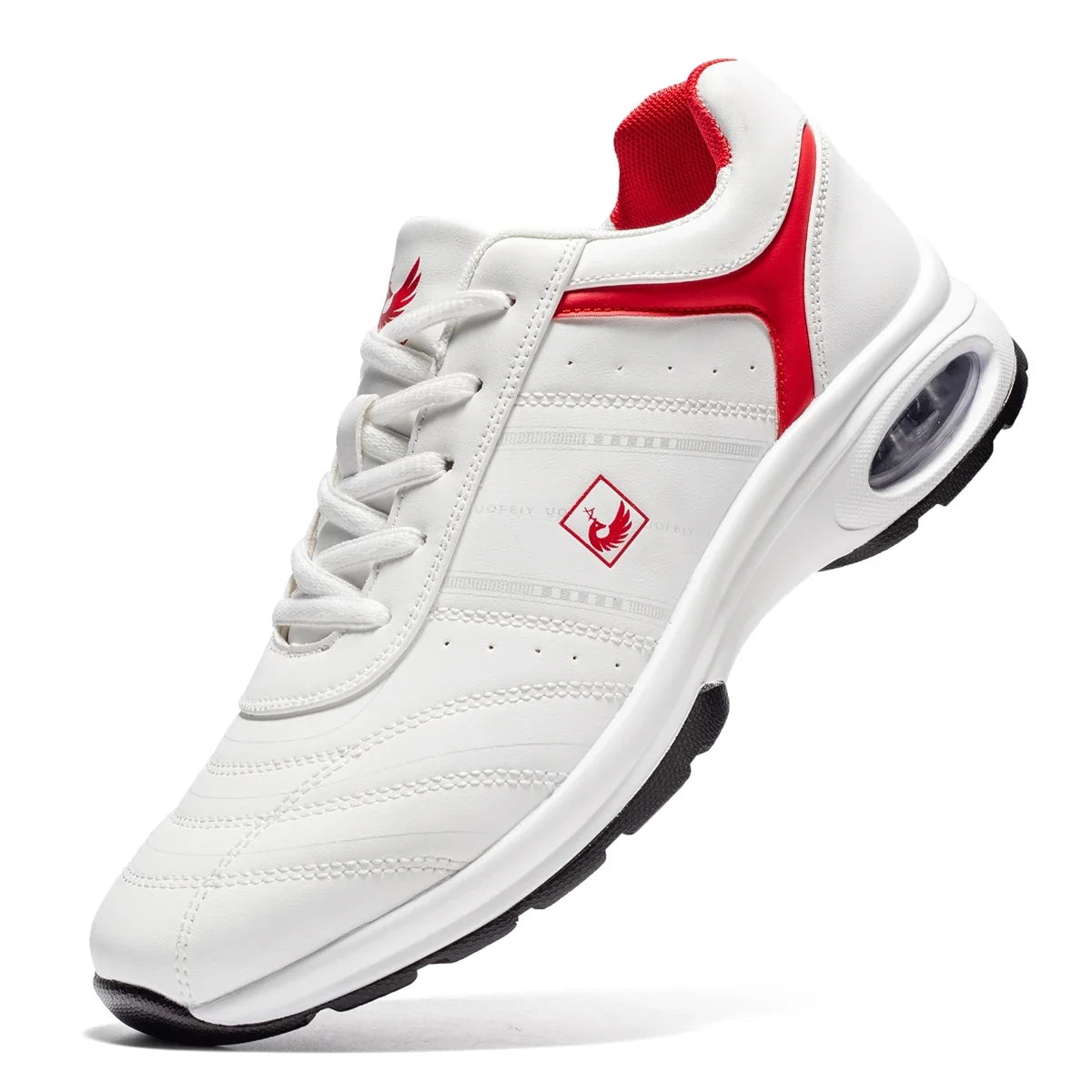 Men's golf shoe EstaliosFit white leather with red heel accent waterproof non-slip trainer on Tampa Home & Garden Store