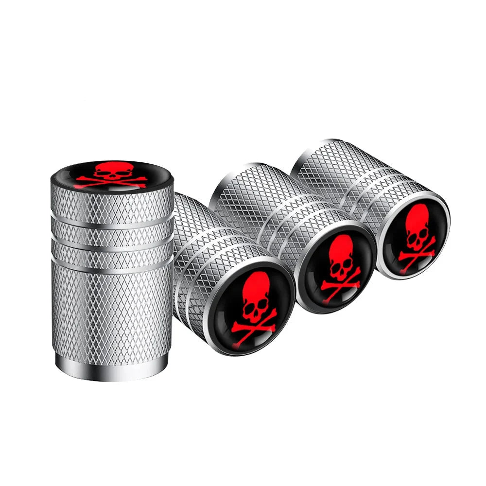 4pcs skull valve stem caps by BikerZoneZ, knurled silver metal with red skull tops on Tampa Home & Garden Store