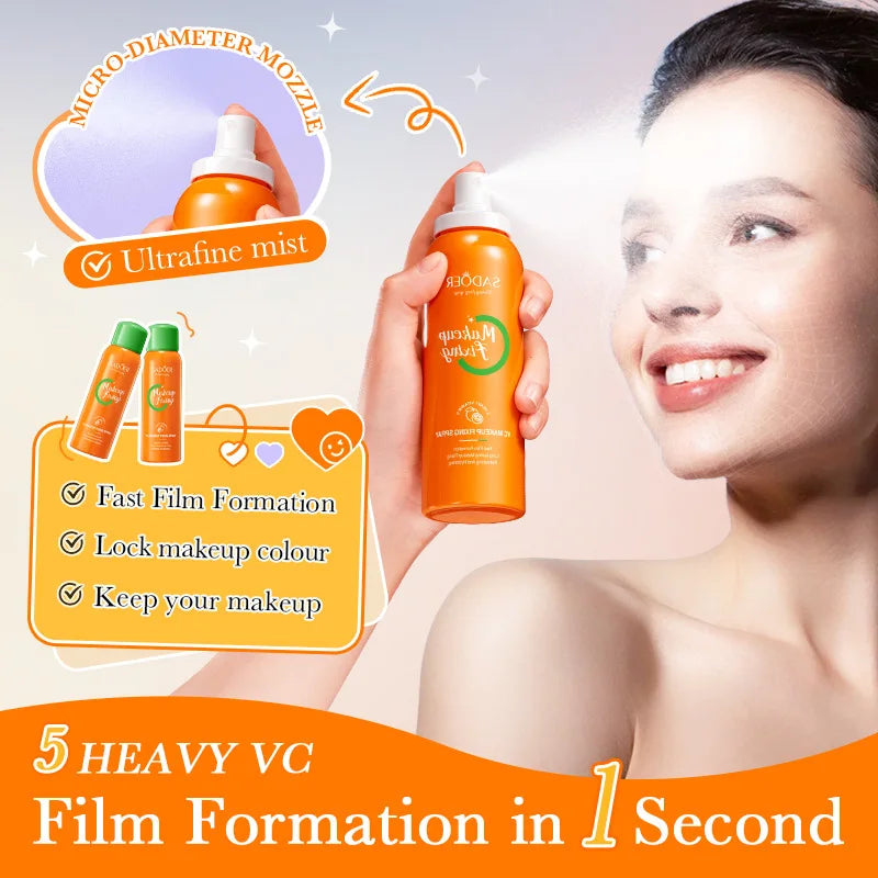 Silcy Skin Waterproof Mattifying Setting Spray orange bottle trio with mist shown on model on Tampa Home & Garden Store
