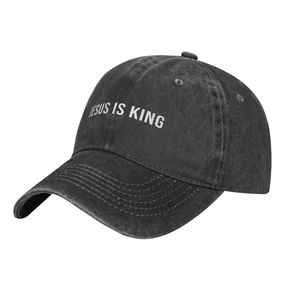 King Caps hat in black denim with white JESUS IS KING text, by BikerZoneZ on Tampa Home & Garden Store