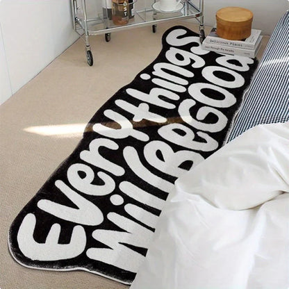 Black rug runner with bold white text Everything Will Be Good for living room or bedroom on Tampa Home & Garden Store