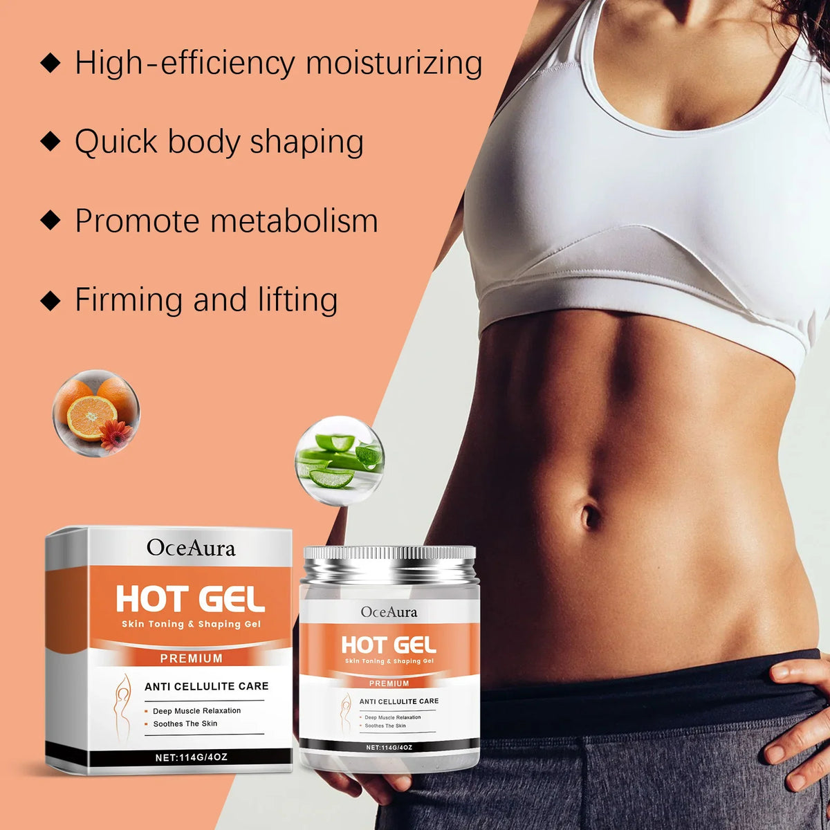 Hot Gel slimming packaging by OceAura with orange box and two jars beside a toned abdomen on Tampa Home & Garden Store