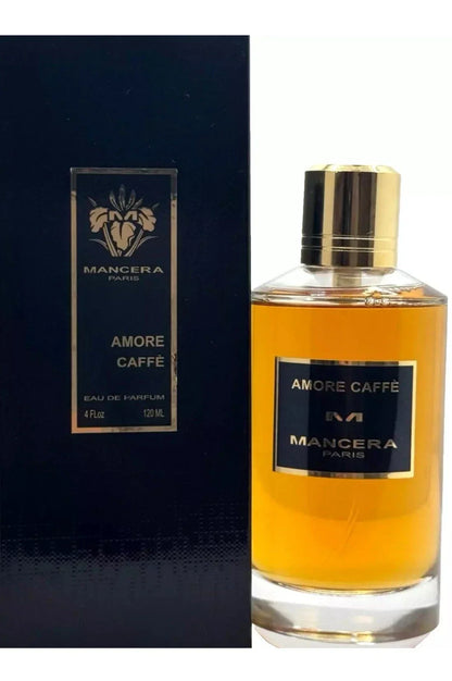 Mancera Amore Caffè perfume bottle with amber liquid and gold cap beside blue Mancera Paris box on Tampa Home & Garden Store