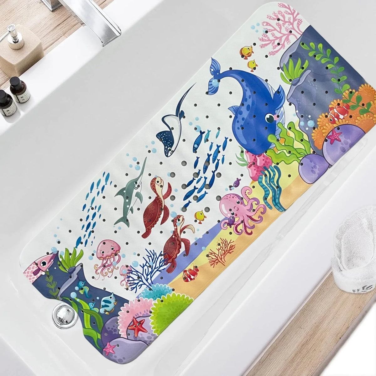 Cartoon long bathtub mat Silcy Skin with suction cups and drain holes colorful underwater life on Tampa Home & Garden Store