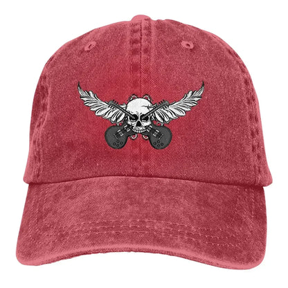 Guitar Rock Skull Wing baseball cap in red distressed fabric with winged skulls and guitars on Tampa Home & Garden Store