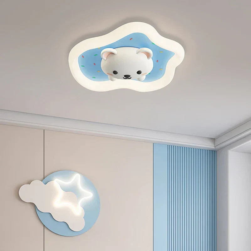 DecorBites™ kids room ceiling light cloud design white frame with blue backdrop bear motif on Tampa Home & Garden Store