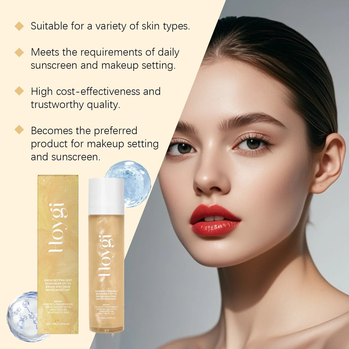 Silcy Skin SPF50+ makeup setting spray duo with gold packaging beside a model's face on Tampa Home & Garden Store