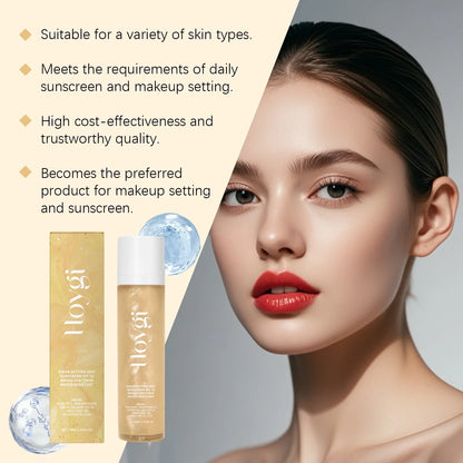 Silcy Skin SPF50+ makeup setting spray duo with gold packaging beside a model's face on Tampa Home & Garden Store