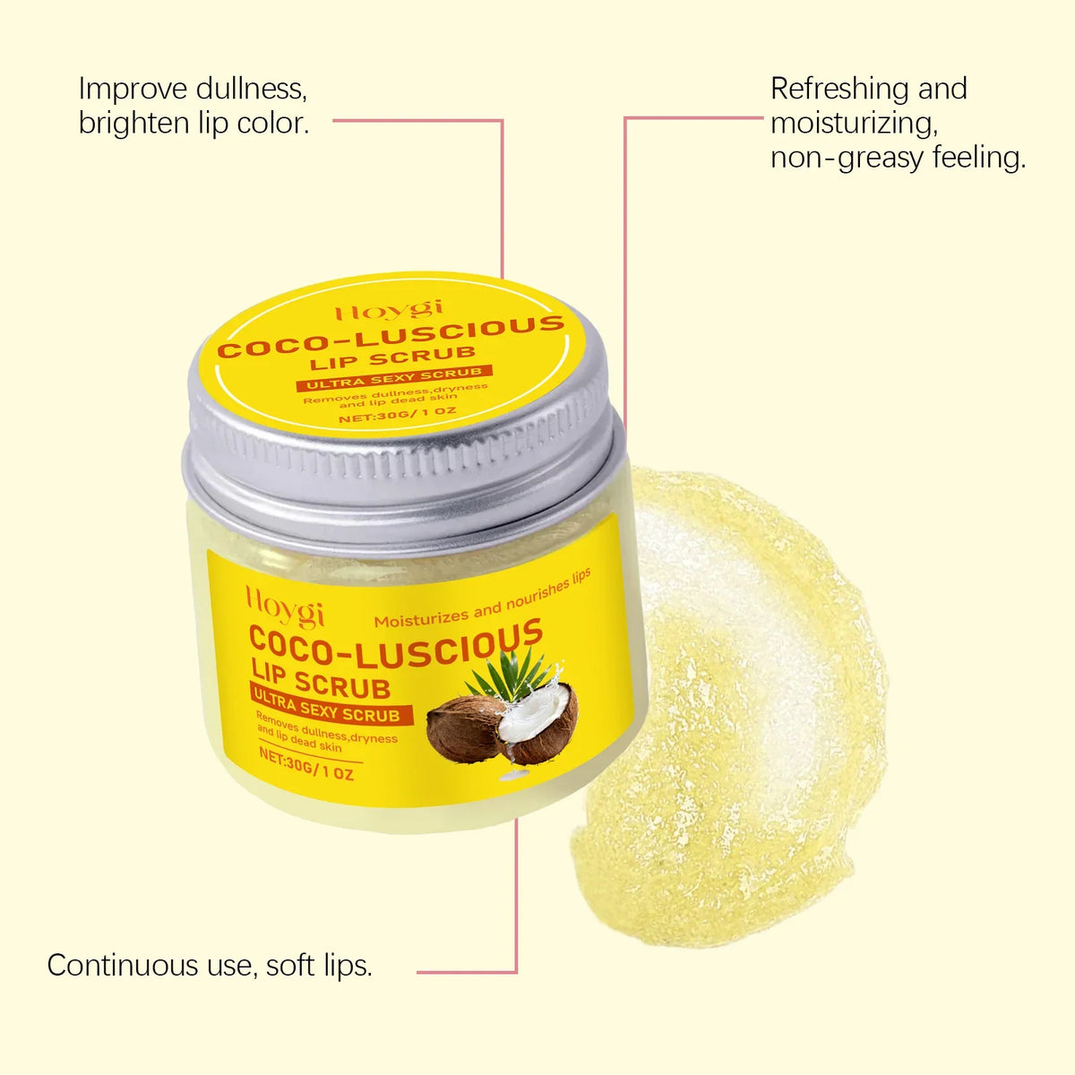 Coco-Luscious lip scrub jar by Silcy Skin with bright yellow label and coconut illustration on Tampa Home & Garden Store