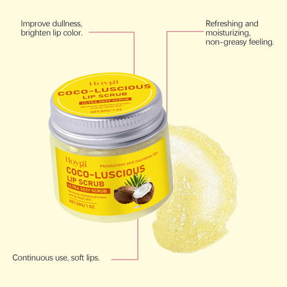 Coco-Luscious lip scrub jar by Silcy Skin with bright yellow label and coconut illustration on Tampa Home & Garden Store