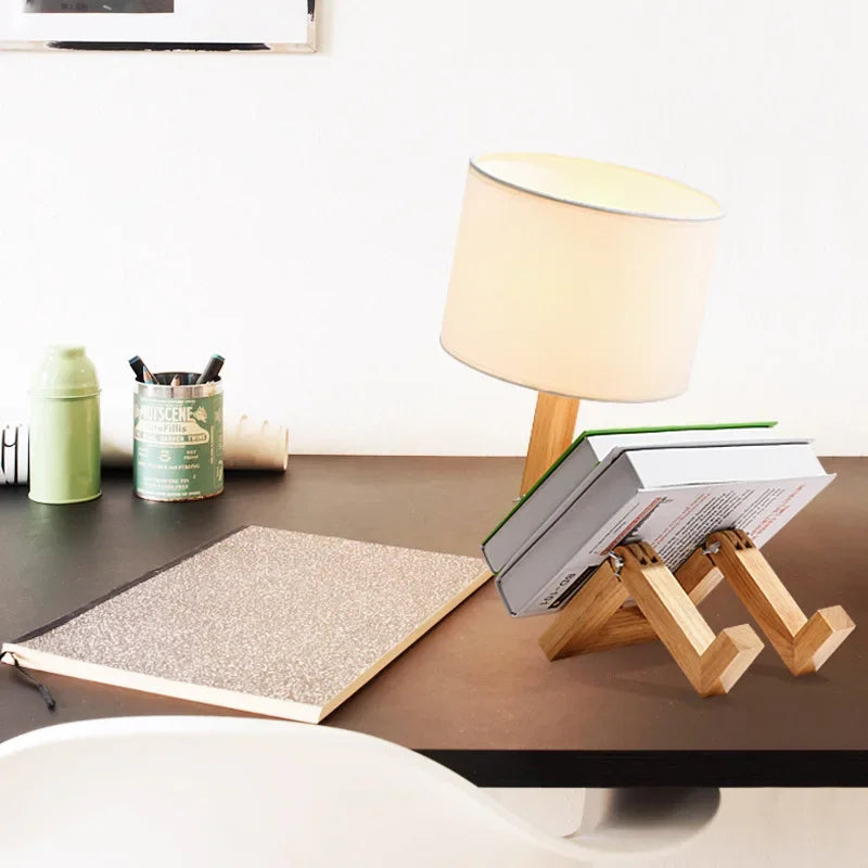 Perfecsy robot-shape table lamp with wooden base and cream fabric shade, desk light on Tampa Home & Garden Store