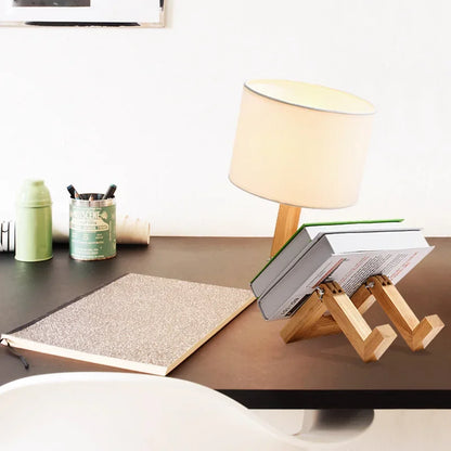 Perfecsy robot-shape table lamp with wooden base and cream fabric shade, desk light on Tampa Home & Garden Store