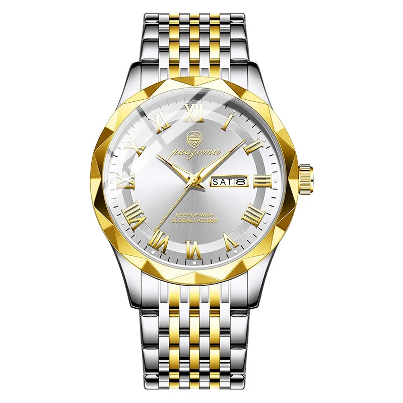 Men's minimalist quartz watch two-tone stainless steel with gold bezel and Roman numerals on Tampa Home & Garden Store