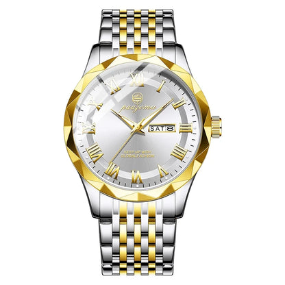 Men's minimalist quartz watch two-tone stainless steel with gold bezel and Roman numerals on Tampa Home & Garden Store