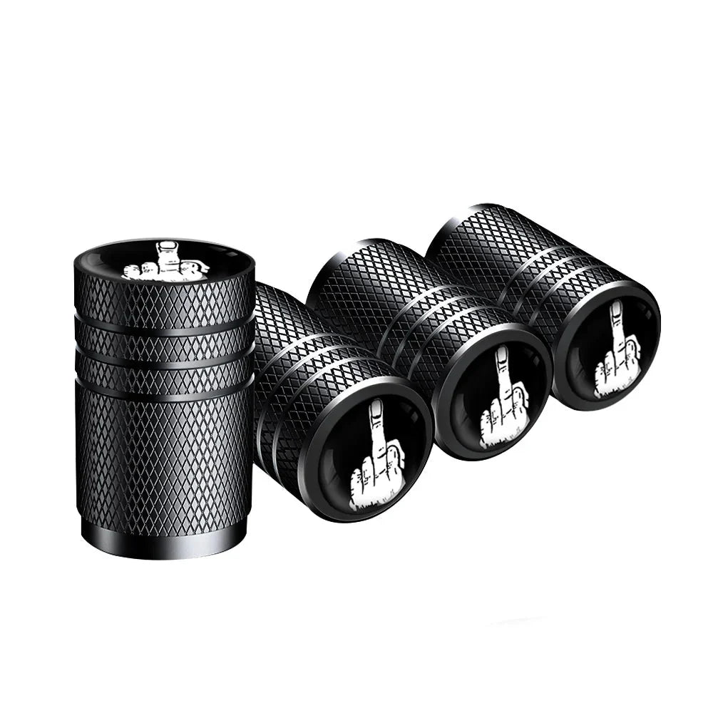 4PCS valve stem caps set, black knurled metal with top middle-finger logo, 4-pack on Tampa Home & Garden Store