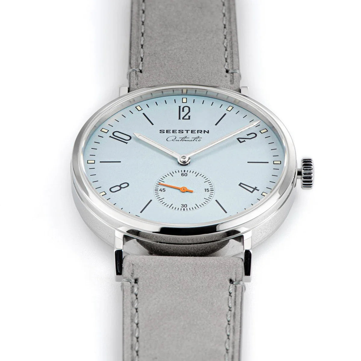 Seestern men's ultra-thin automatic dress watch, light blue dial, gray leather strap on Tampa Home & Garden Store