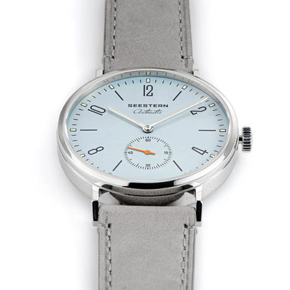 Seestern men's ultra-thin automatic dress watch, light blue dial, gray leather strap on Tampa Home & Garden Store