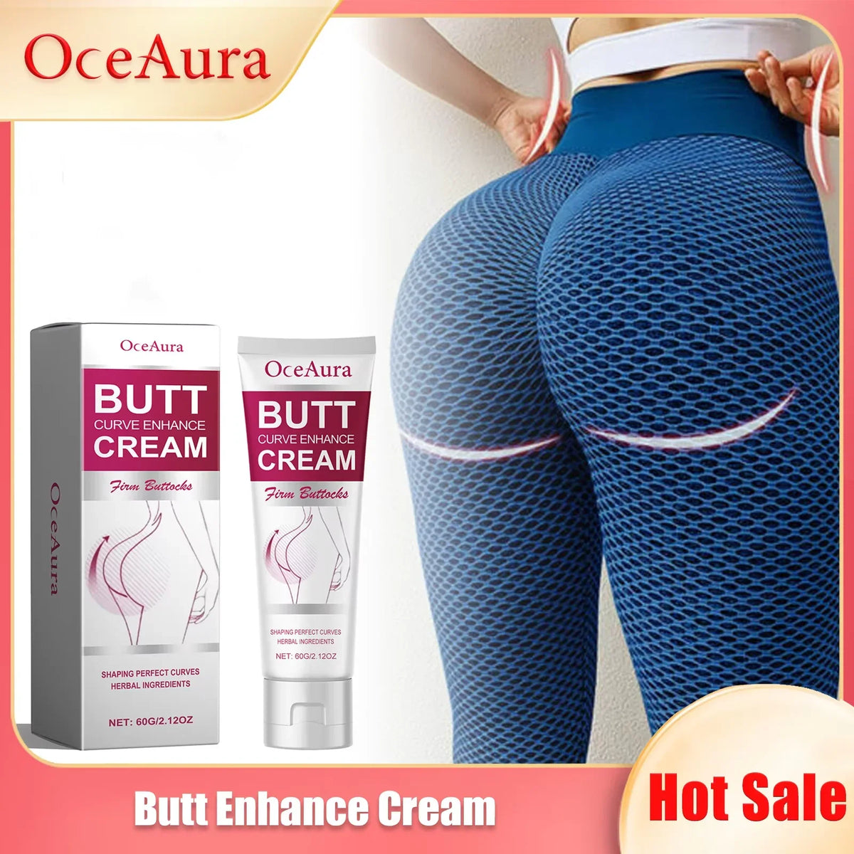 OceAura Butt Curve Enhance Cream by Silcy Skin; two tubes and a box beside mesh leggings on Tampa Home & Garden Store