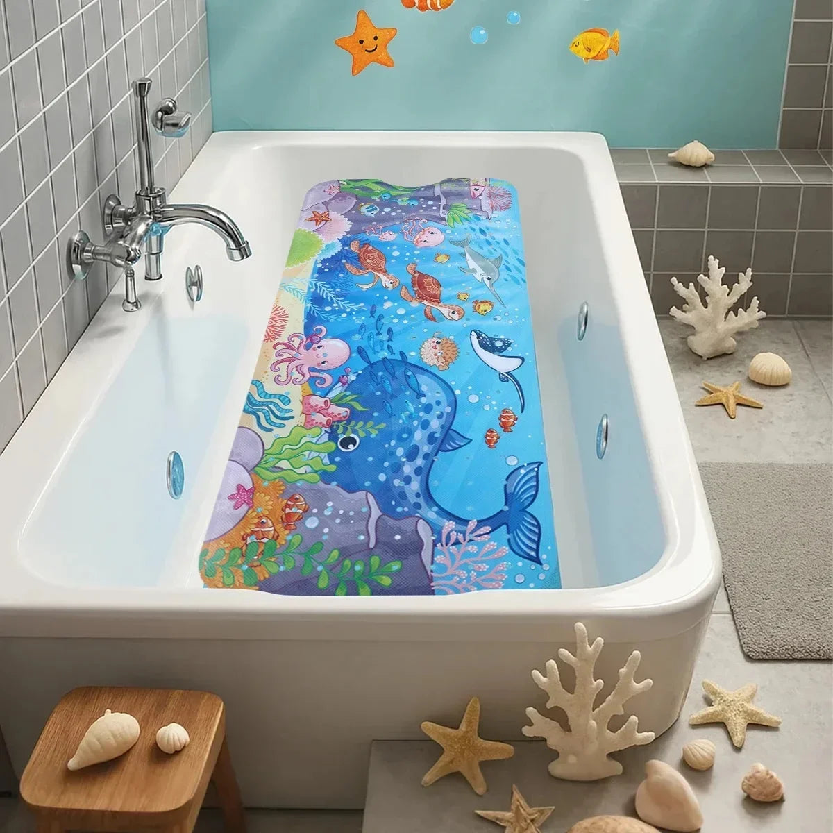 1pc Cartoon bathtub mat, sea life design, non-slip with suction cups and drain holes on Tampa Home & Garden Store