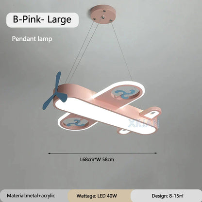 DecorBites Kids Airplane Pendant Light pink metal + acrylic with blue propeller LED 40W on Tampa Home & Garden Store