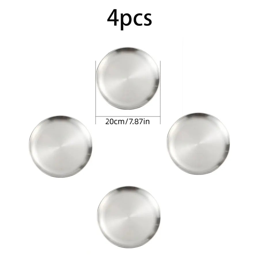 4pcs stainless steel circular plates by Perfecsy, 20 cm each, silver Korean grill meat plates on Tampa Home & Garden Store