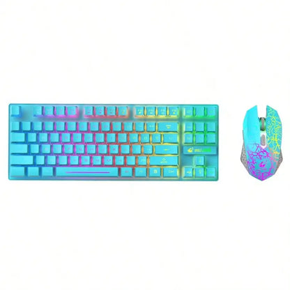 Free Wolf T87 wireless keyboard and mouse set with RGB turquoise keys and rainbow mouse on Tampa Home & Garden Store