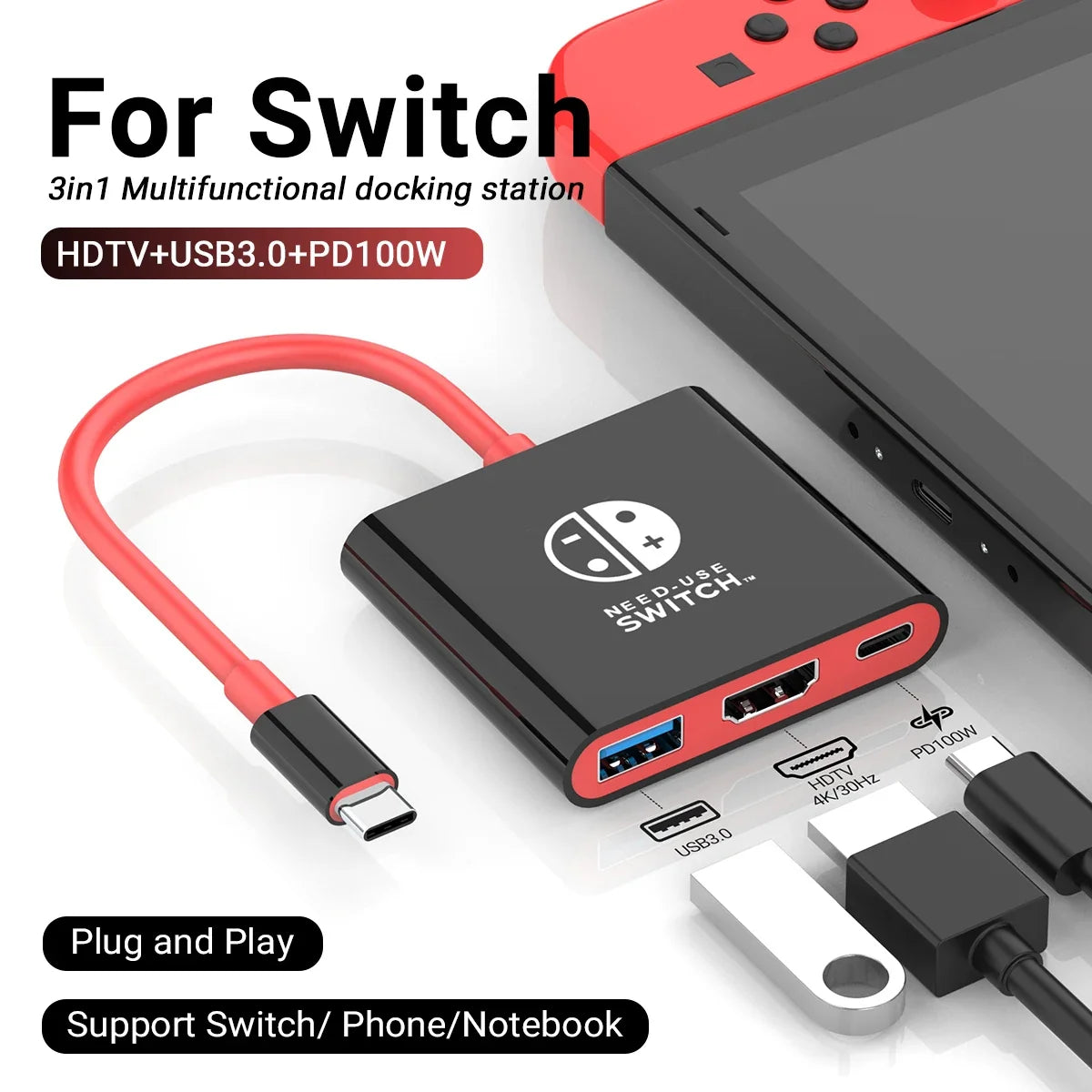Black USB-C 3-in-1 docking station with red trim, 4K HDMI, USB 3.0, PD100W beside a Switch on Tampa Home & Garden Store