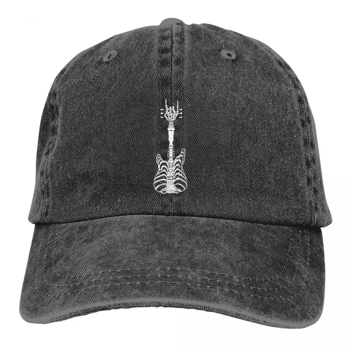 Rock & Roll Skeleton Cap by BikerZoneZ, charcoal black cotton with white skeleton guitar on Tampa Home & Garden Store
