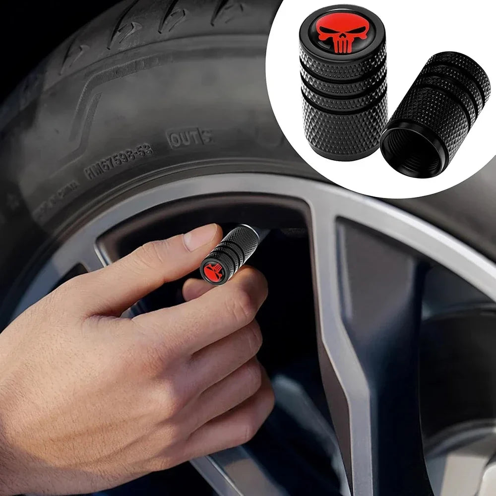Skull valve caps 4-pack from BikerZoneZ, black metal with red skull emblem on tire valve on Tampa Home & Garden Store