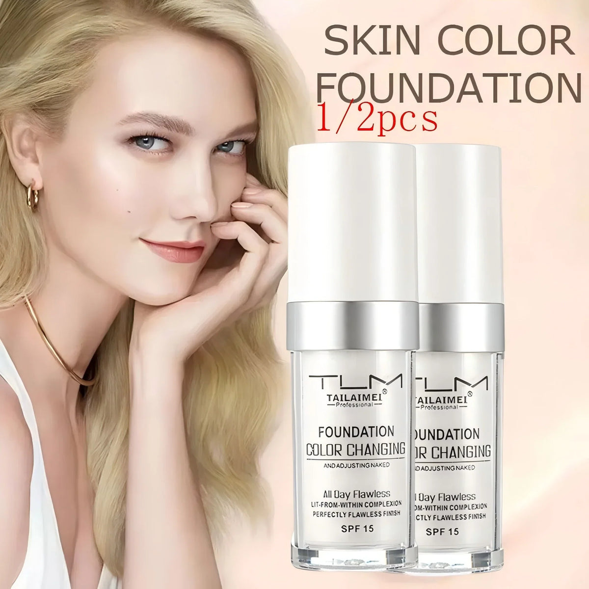 Foundation color-changing bottles with SPF 15 and silver caps beside a model face two bottles on Tampa Home & Garden Store