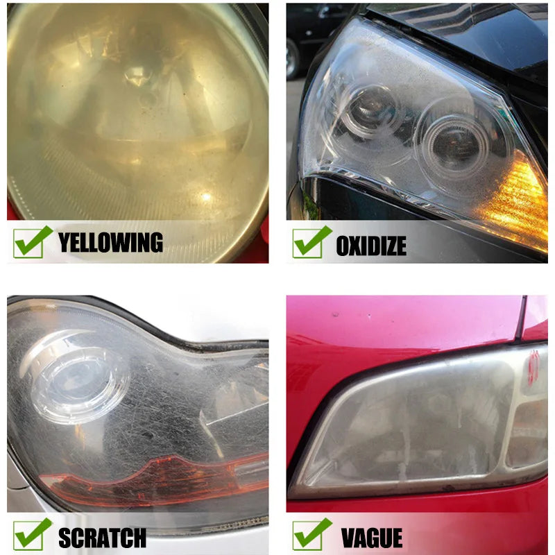 Car Headlight Restoration Kit collage showing yellowing, oxidation, scratches, hazy headlights on Tampa Home & Garden Store