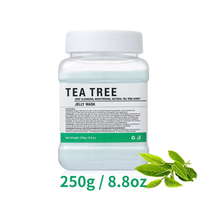 Tea Tree Jelly Mask bottle with white cap, green label band, 250g, fresh tea leaves on Tampa Home & Garden Store