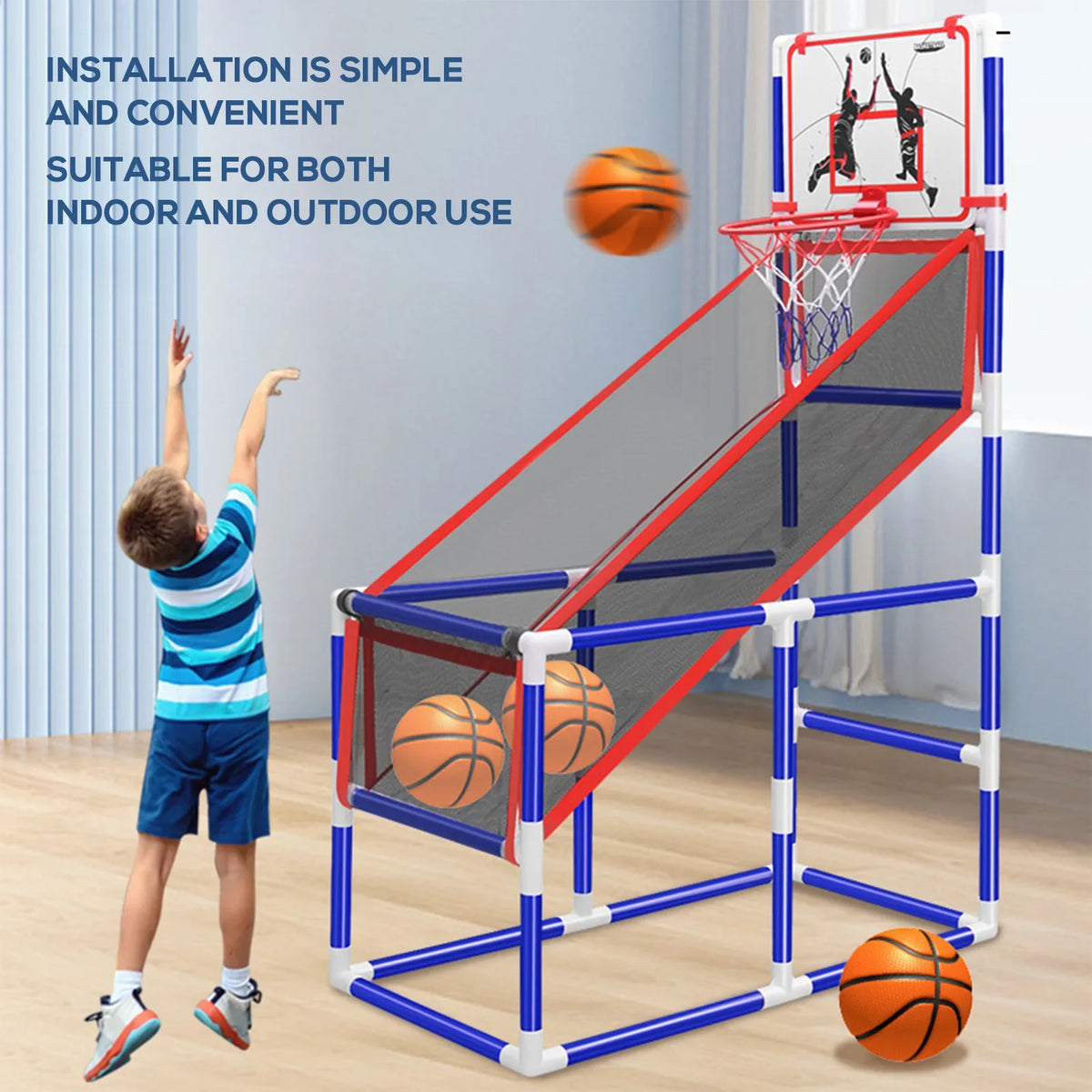 Kids basketball game set with indoor/outdoor hoop, red frame, blue supports, includes 4 balls on Tampa Home & Garden Store