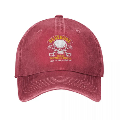 Vintage BSA Chopper baseball cap by BikerZoneZ in red distressed fabric with skull emblem on Tampa Home & Garden Store