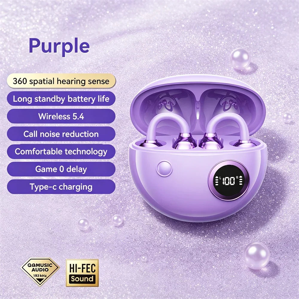 Purple open wireless earphone case with clip-on earbuds and LED display on Tampa Home & Garden Store