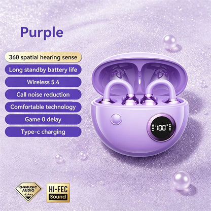 Purple open wireless earphone case with clip-on earbuds and LED display on Tampa Home & Garden Store