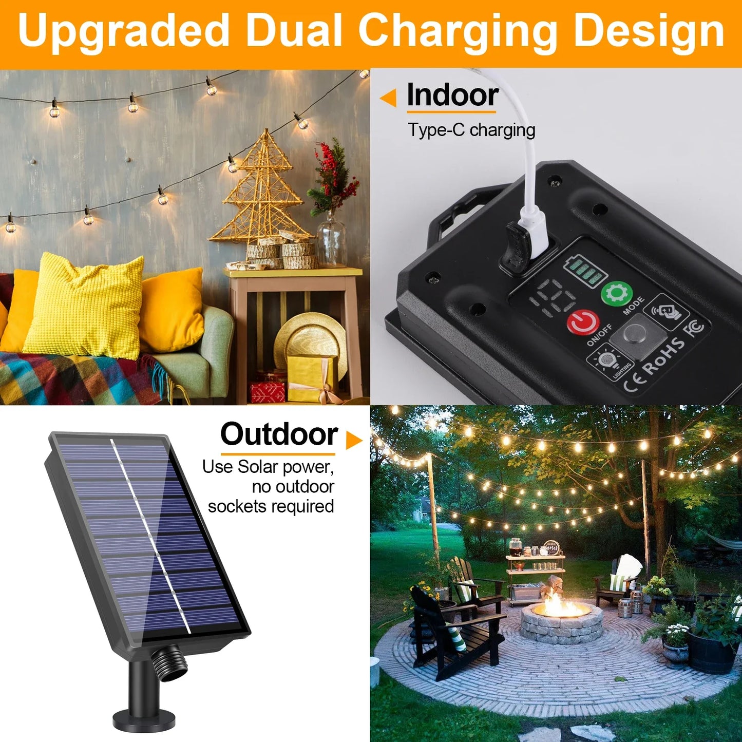 LED G40 Solar String Lights Outdoor Waterproof Shatterproof Hanging Lights