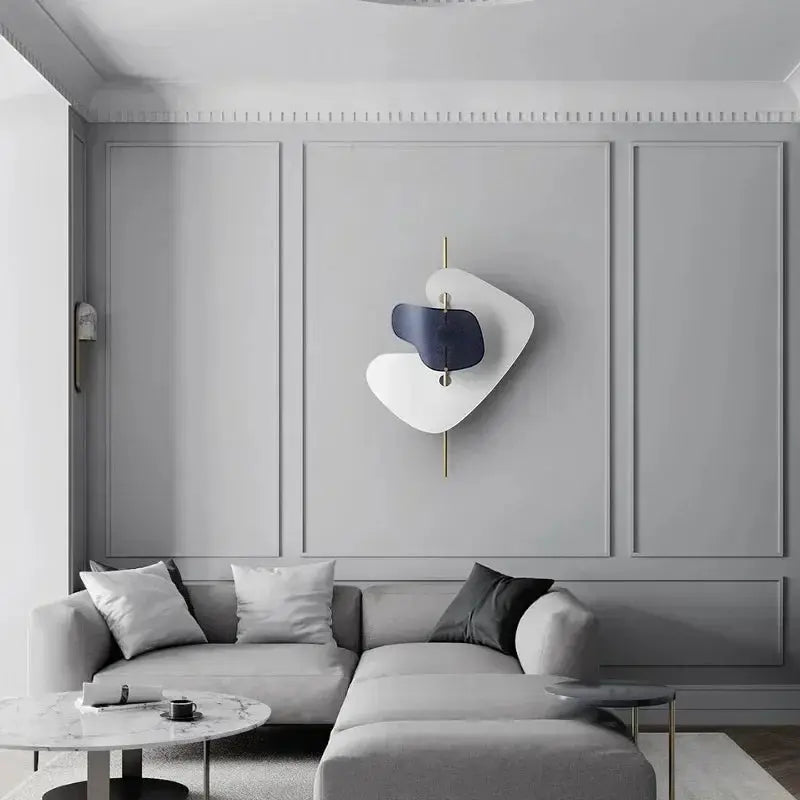 DecorBites Green Geometric Abstract Wall Art with white navy shapes on gold rod on gray wall on Tampa Home & Garden Store