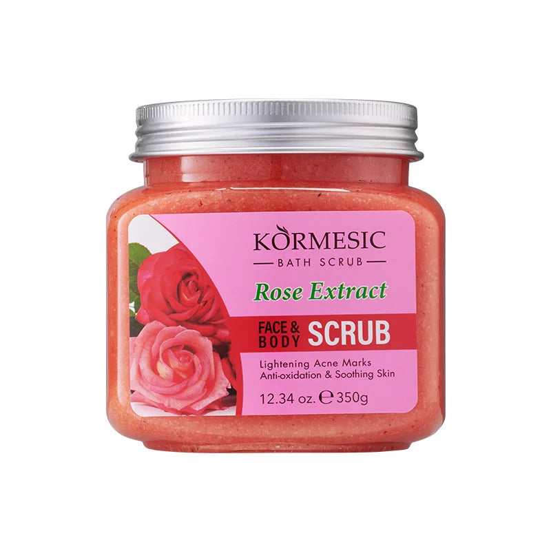 Körmesic Rose Extract Face & Body Scrub jar with pink label and rose graphic on Tampa Home & Garden Store