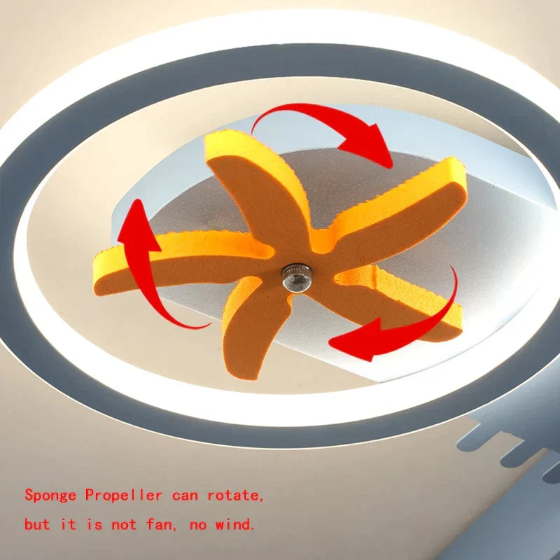 Decorbites Kids airplane ceiling light with rotating orange sponge propeller and LED ring on Tampa Home & Garden Store