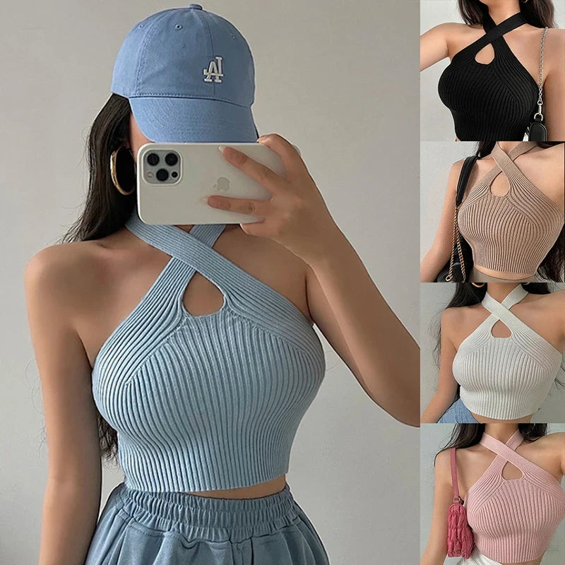 Women's halter knit crop top in blue with crisscross neckline and keyhole UpTrend Deals on Tampa Home & Garden Store