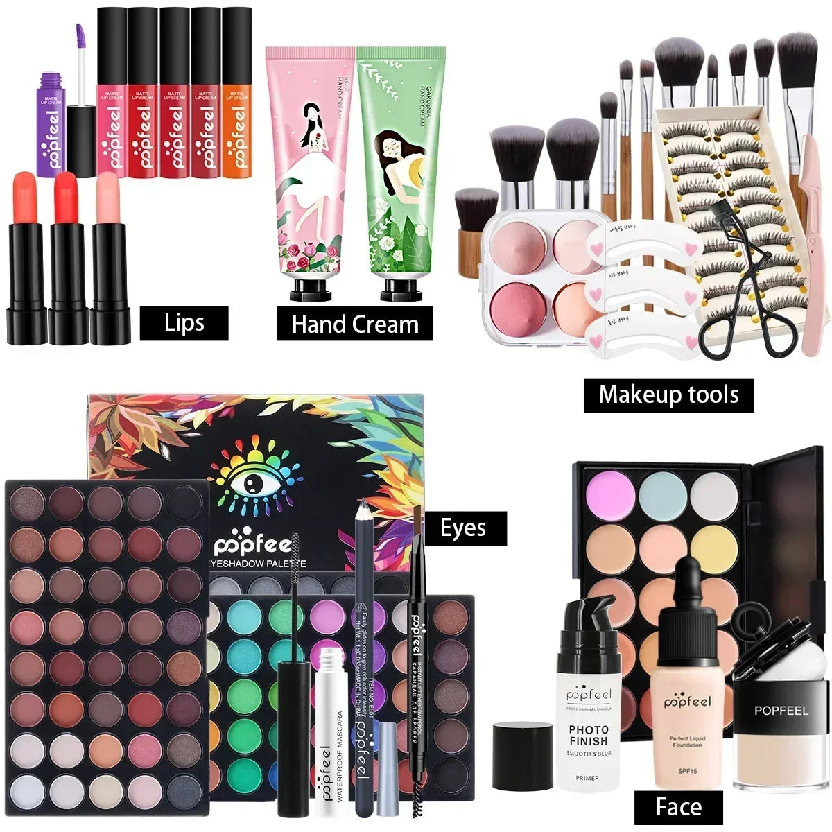 POPFEEL all-in-one makeup kit by Silcy Skin with lipsticks, eyeshadows, brushes, and foundation on Tampa Home & Garden Store