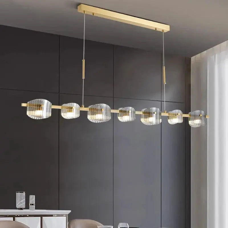 DecorBites LED pendant chandelier with gold bar and clear ribbed glass globes, 8-light on Tampa Home & Garden Store