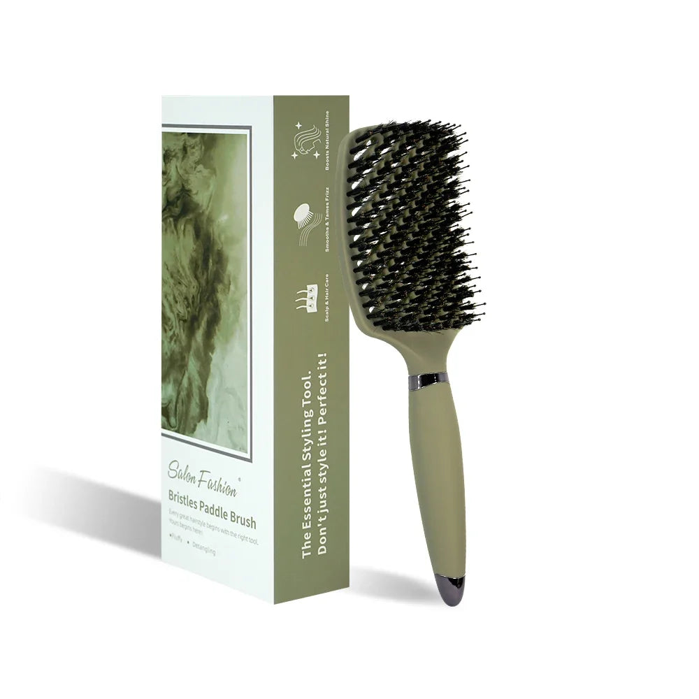 Boar-bristle detangling hair brush with hollow-out olive handle by Silcy Skin, gift-ready on Tampa Home & Garden Store