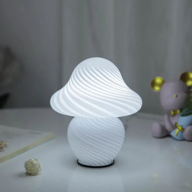 Mushroom LED table lamp white striped glass by Perfecsy for bedroom decor on Tampa Home & Garden Store