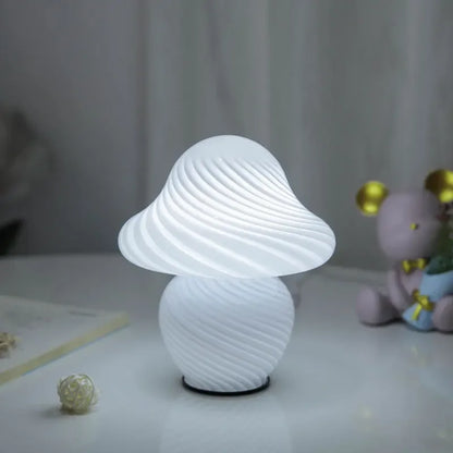 Mushroom LED table lamp white striped glass by Perfecsy for bedroom decor on Tampa Home & Garden Store