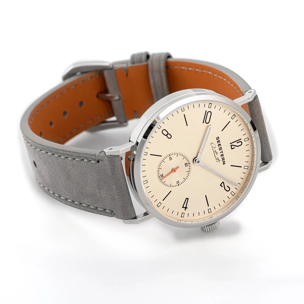 Men's ultra-thin automatic dress watch Seestern stainless steel case beige dial suede strap on Tampa Home & Garden Store