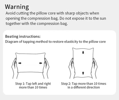 Cervical neck pillow care diagram showing tapping to restore elasticity; hands hold pillow core on Tampa Home & Garden Store