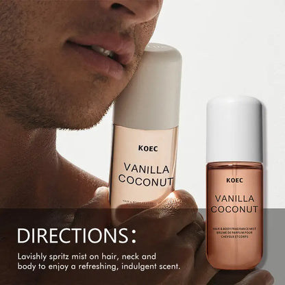 KOEC Vanilla Coconut fragrance mist bottles in peach and pink-brown tones two-pack on Tampa Home & Garden Store